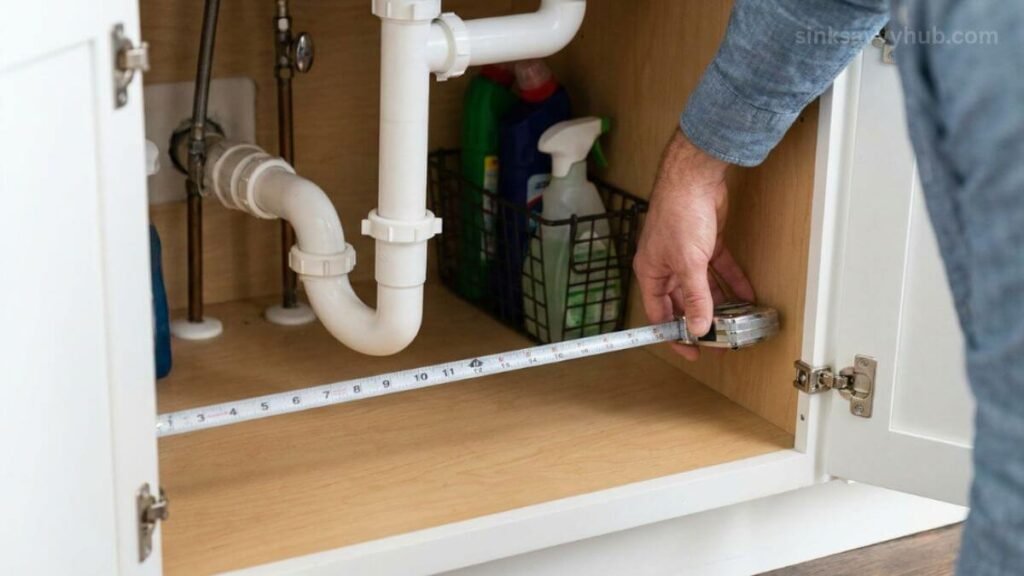 Using a metal tape to measure clear floor space around plumbing for the best wire basket size under the sink.
