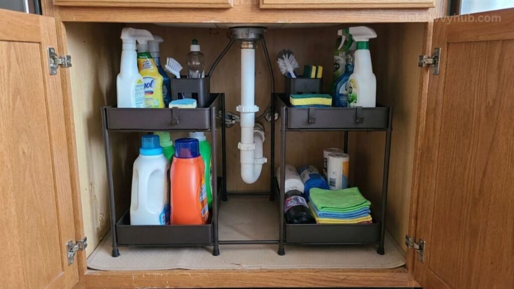 A two-tier freestanding shelf insert fitting safely around kitchen sink plumbing for renters.
