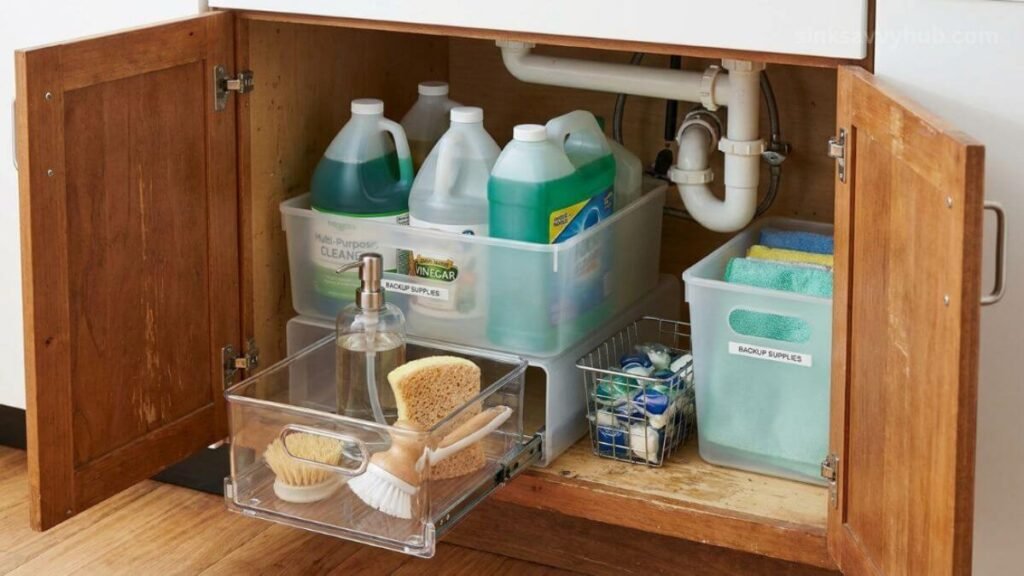 Organizing cleaning supplies in clear zones, keeping daily dish soap in front and backups behind.