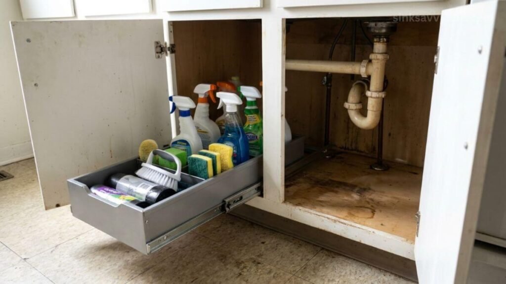 Smooth sliding pull-out drawers sitting on the cabinet floor to store supplies without screws.