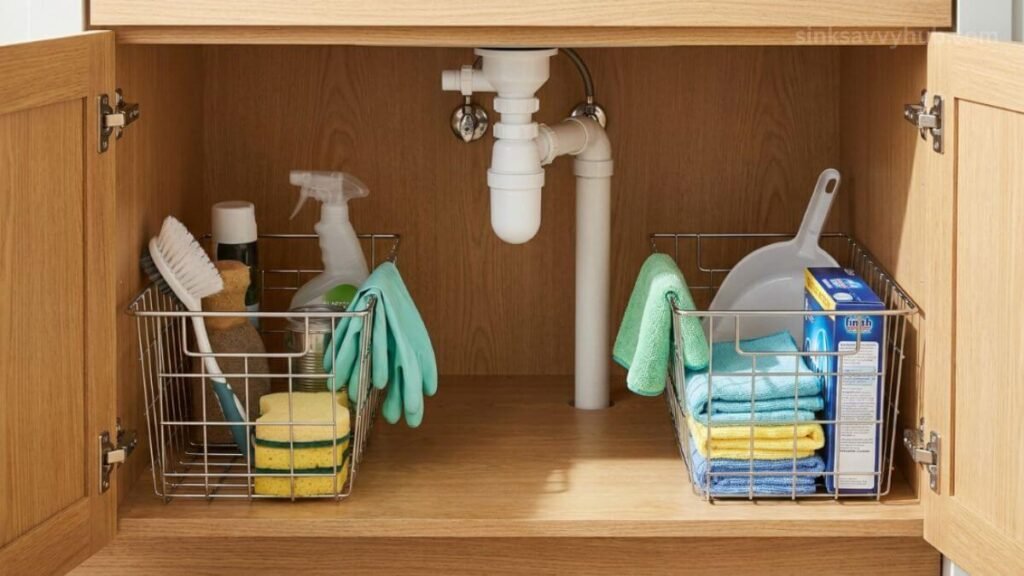 Side-by-side wire basket layout under the kitchen sink, keeping the center drain pipes perfectly clear.

