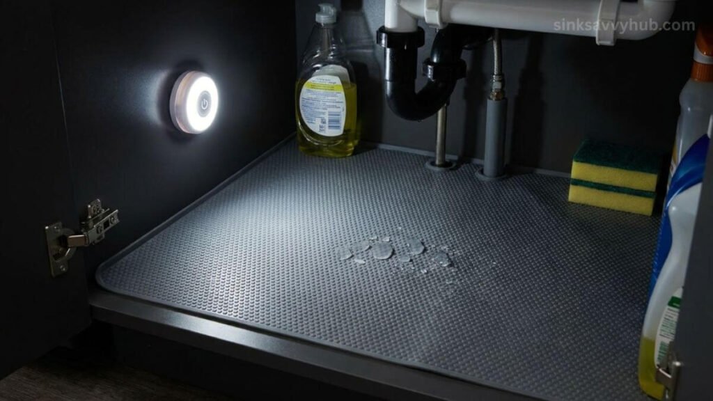 A flat waterproof rubber liner and a battery LED push light making the dark under-sink space functional.
