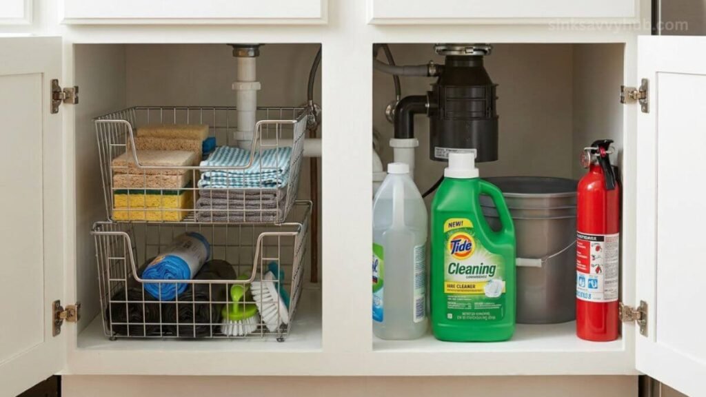 Safely stacking wire baskets under the kitchen sink with lightweight items on top to maintain stability.
