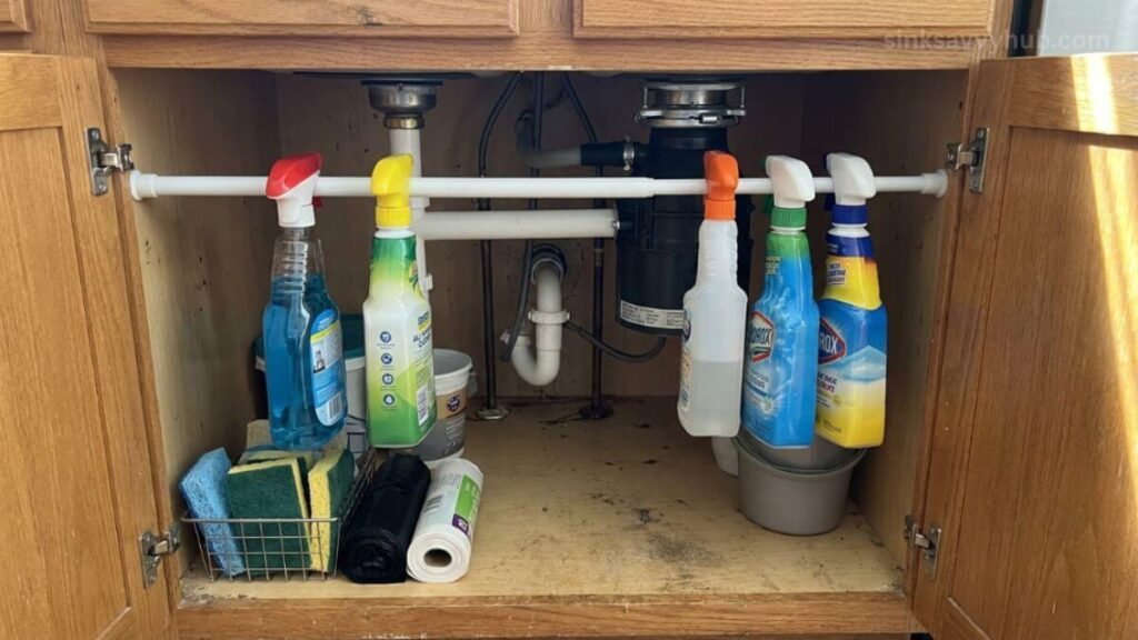  Using a tension rod under the kitchen sink to easily hang cleaning spray bottles without drilling.
