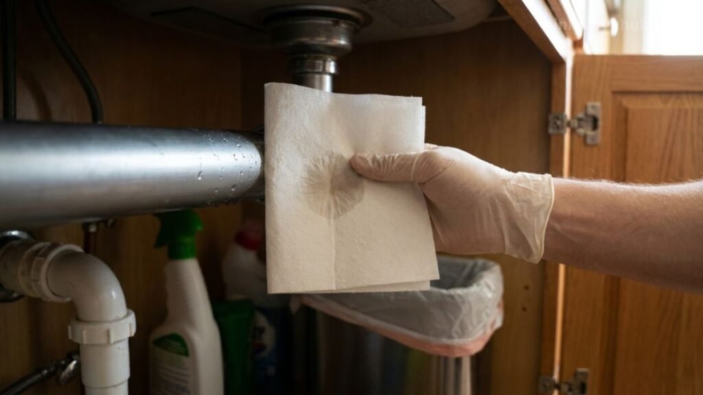 Using a dry paper towel on a wet metal pipe to test the difference between condensation and a plumbing leak.