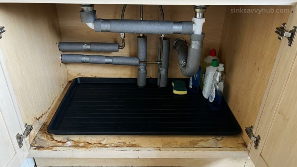 A thick waterproof rubber mat placed on the cabinet floor to protect the wood from pipe condensation damage