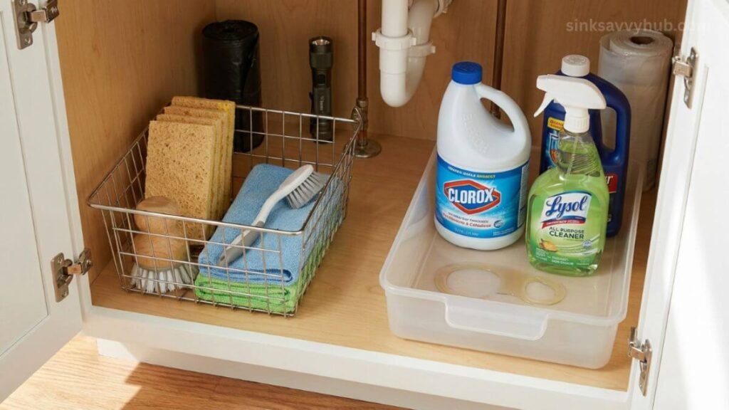 Comparing a wire basket for dry items and a solid plastic bin to catch liquid spills under the kitchen sink.